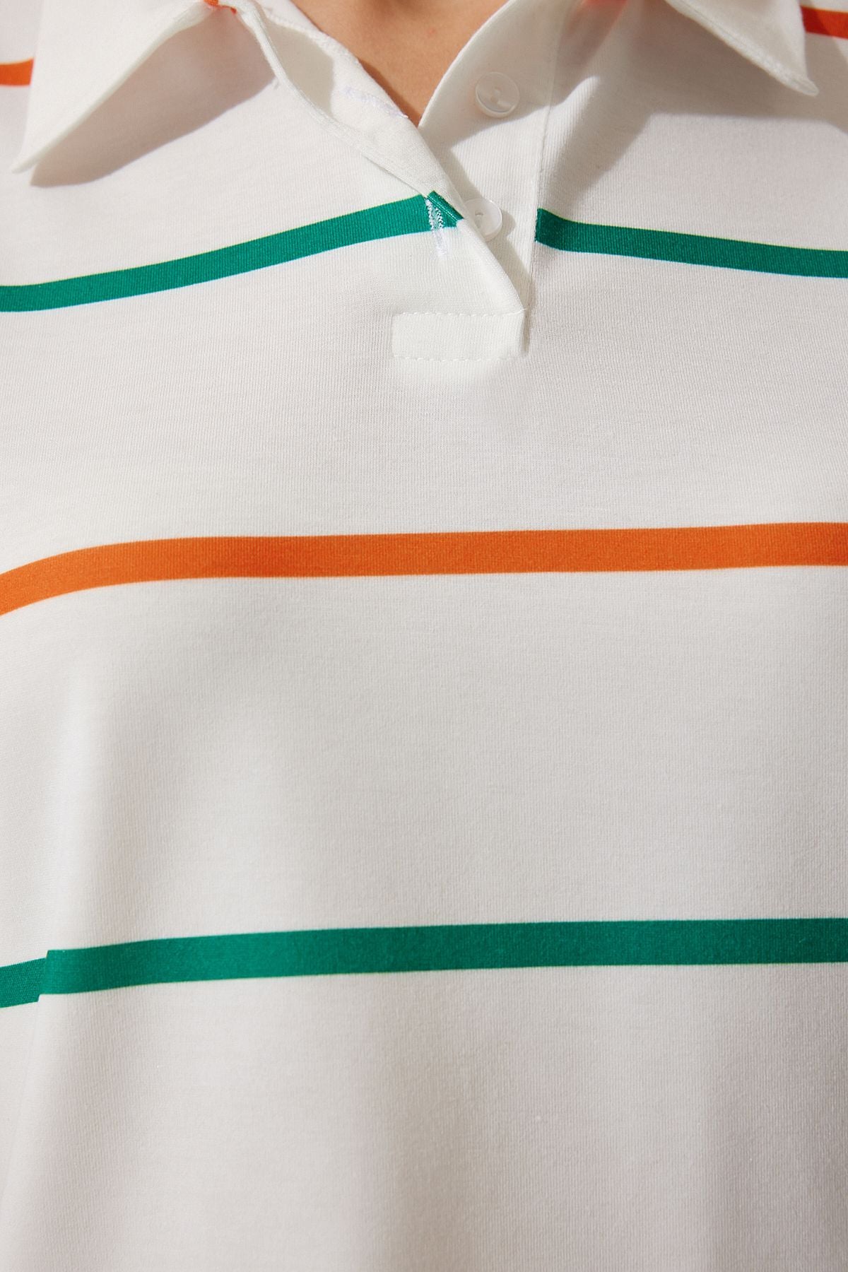 Ekru Oranj Polo Yaka Çizgili Kısa Örme T-Shirt HF00454