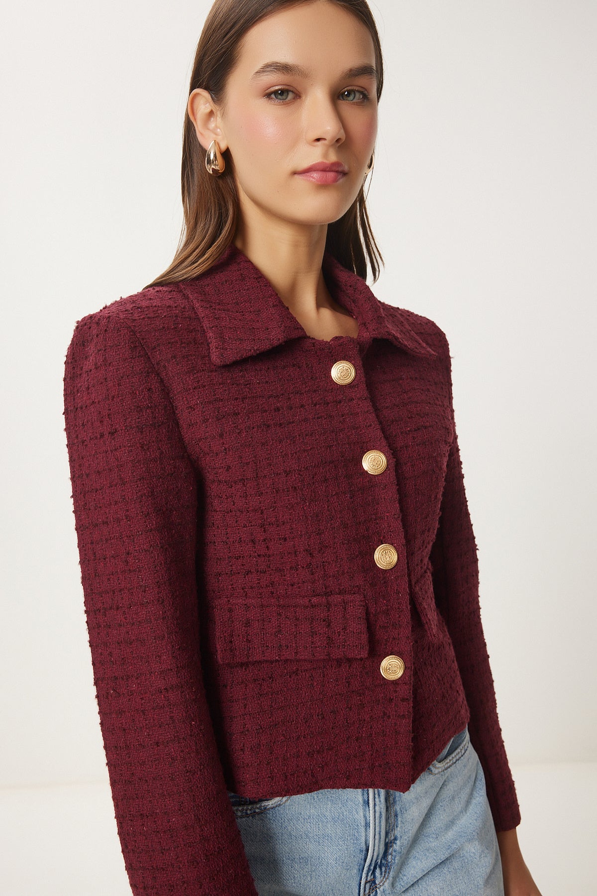 Bordo Tüvit Crop Ceket TO00039