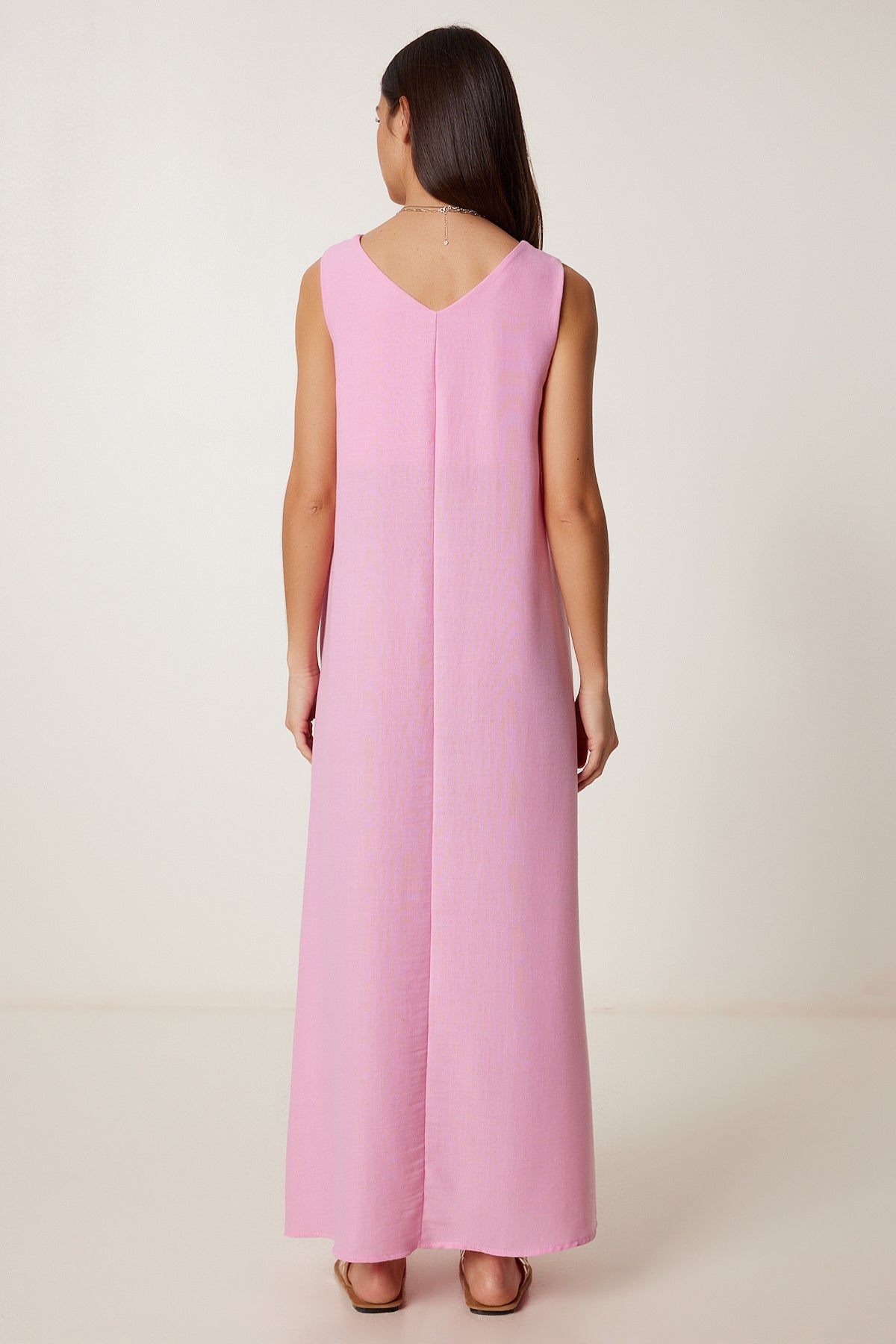 Pembe Kolsuz Basic Yazlık Keten Elbise DZ00128