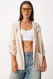 Krem Kapüşonlu Oversize Keten Ceket GP00007