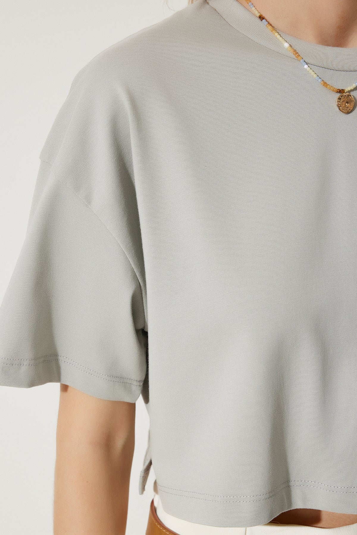 Taş Grisi %100 Pamuk Oversize Crop Örme T-Shirt BP00164