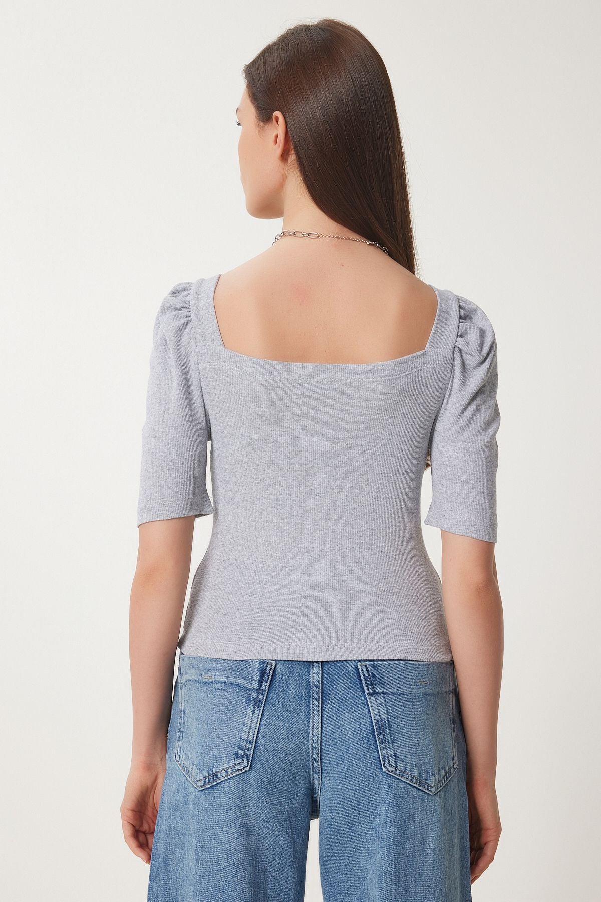 Gri Melanj Kare  Yaka Fitilli Crop Bluz GT00007