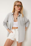 Açık Gri Oversize Kırışık Dokuma Gömlek AN00249