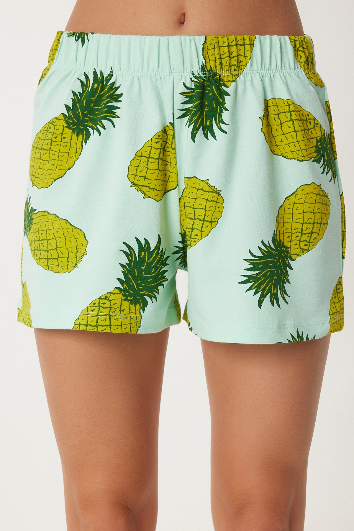 Mint Yeşili Desenli Şortlu Örme Pijama Takımı XE00001