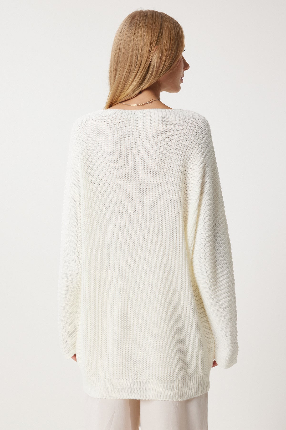 Ekru V Yaka Selanik Örgü Oversize Triko Kazak ZA00059