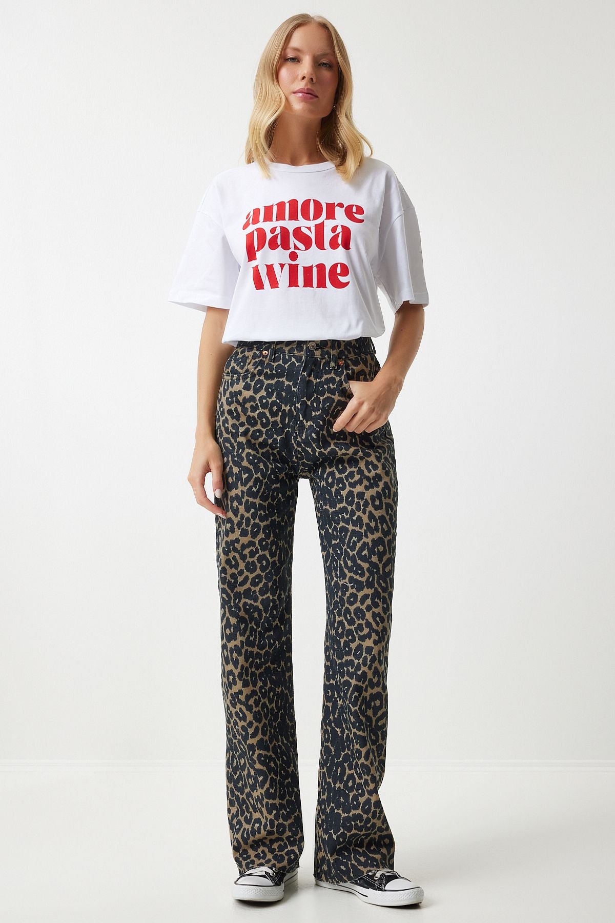 Siyah Kahverengi Leopar Desenli Straight Jeans UT00012