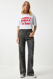 Siyah Kahverengi Leopar Desenli Straight Jeans UT00012