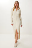Krem Polo Yaka Midi Fitilli Triko Elbise MX00245