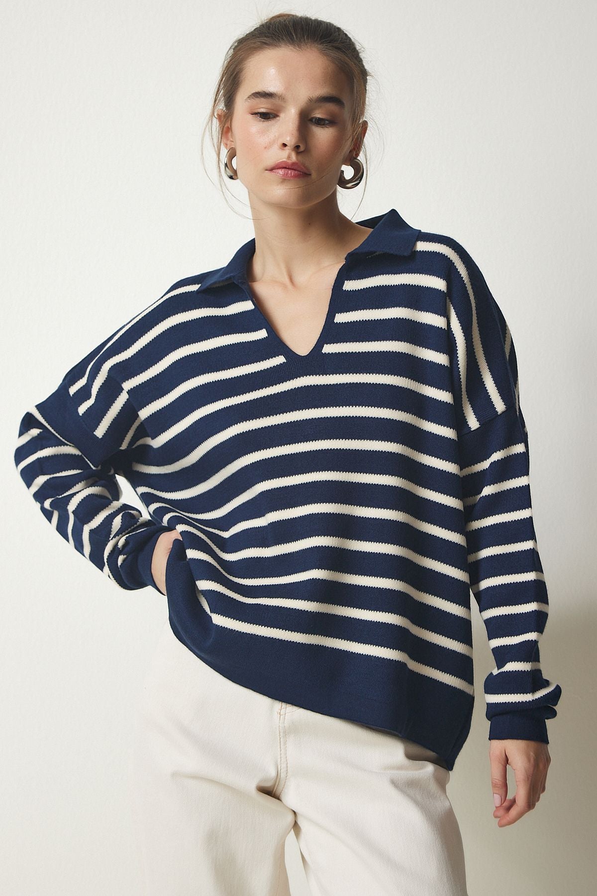 Lacivert Polo Yaka Crop Triko Kazak  US00293