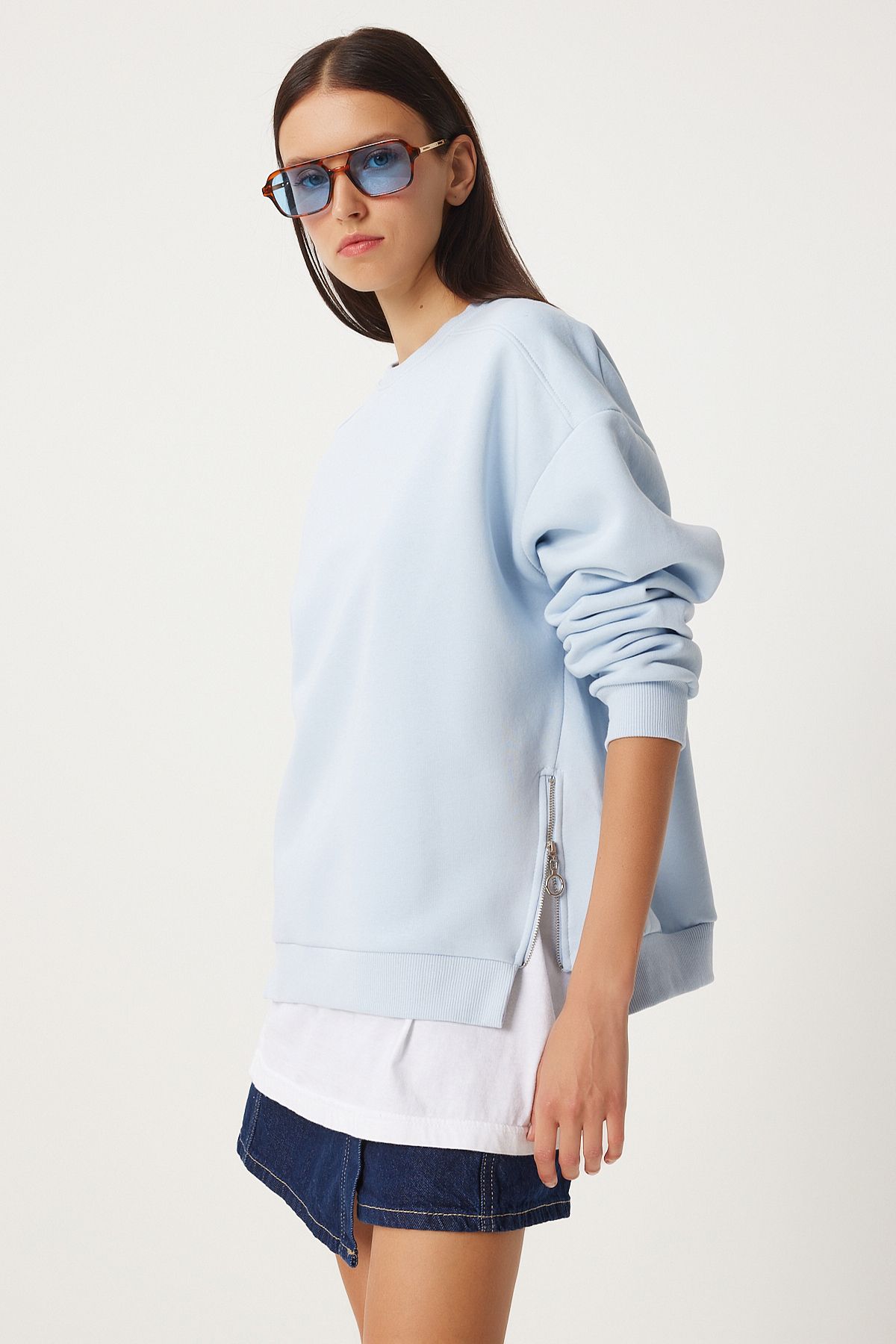 Gök Mavi Fermuar Detaylı Şardonlu Örme Sweatshirt UB00148