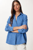 İndigo Mavi Oversize Keten Gömlek PB00053