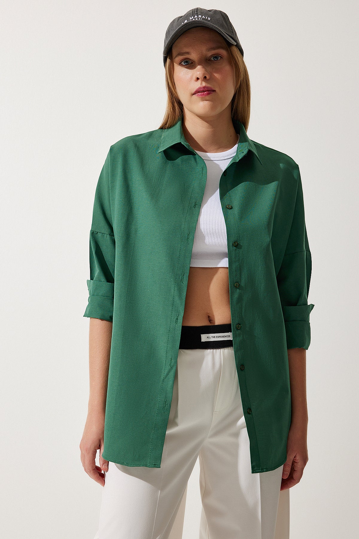 Zümrüt Yeşili Oversize Uzun Basic Gömlek 3900 DD00842