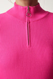 Pembe Fermuarlı Fitilli Crop Triko Kazak PF00027