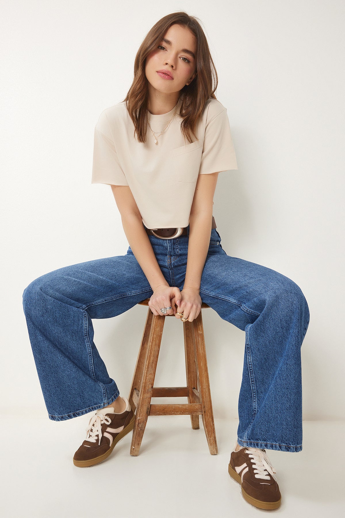 Krem Pamuklu Crop Örme T-Shirt CR00443