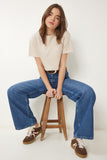 Krem Pamuklu Crop Örme T-Shirt CR00443
