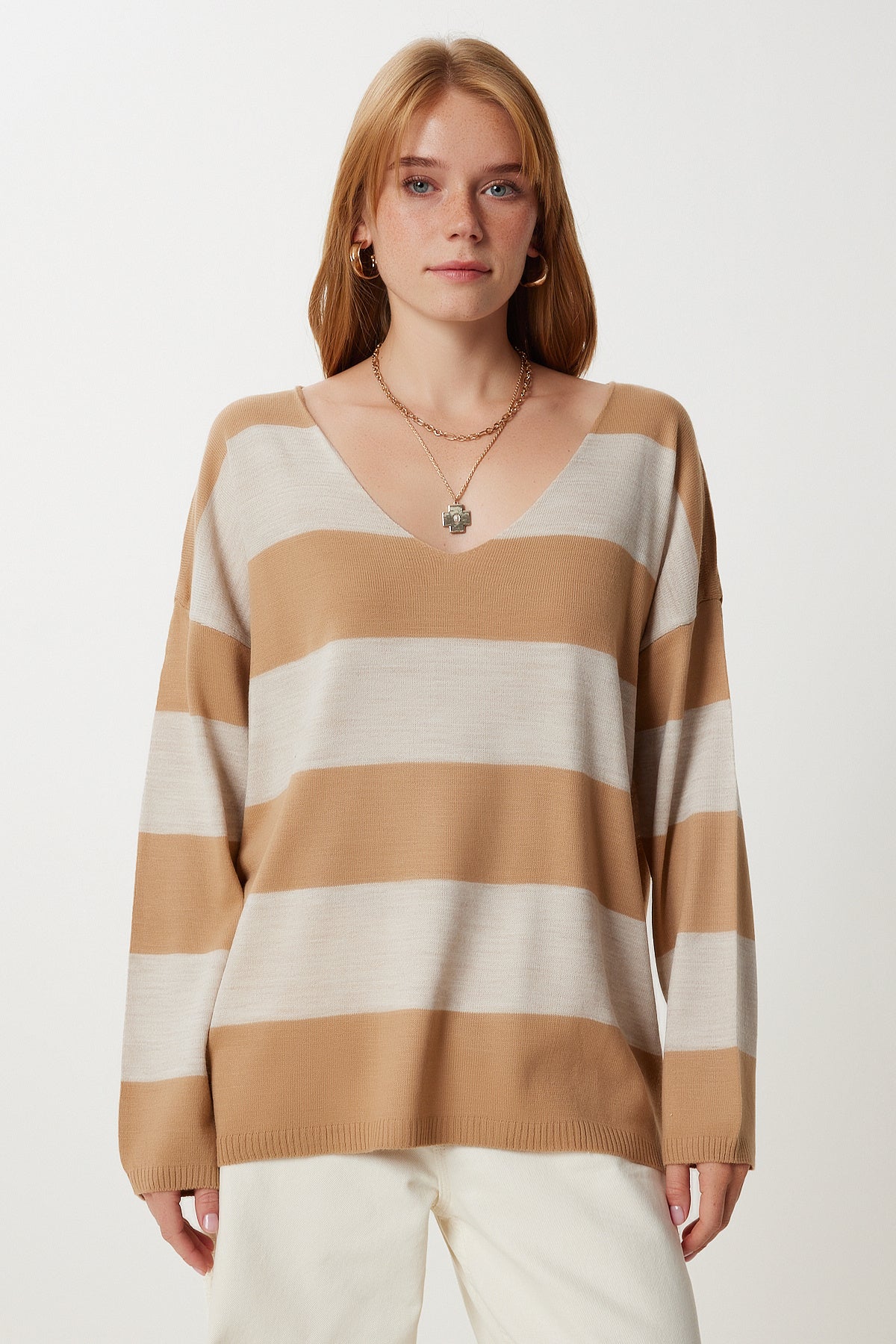 Camel Taş Çizgili Oversize Triko Kazak Kİ00164