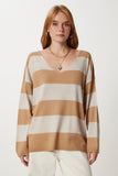 Camel Taş Çizgili Oversize Triko Kazak Kİ00164
