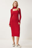 Kırmızı Cut Out Detaylı Dik Yaka Fitilli Triko Elbise FN03388