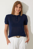 Lacivert Polo Yaka Hafif Transparan Yazlık Triko Bluz YY00209