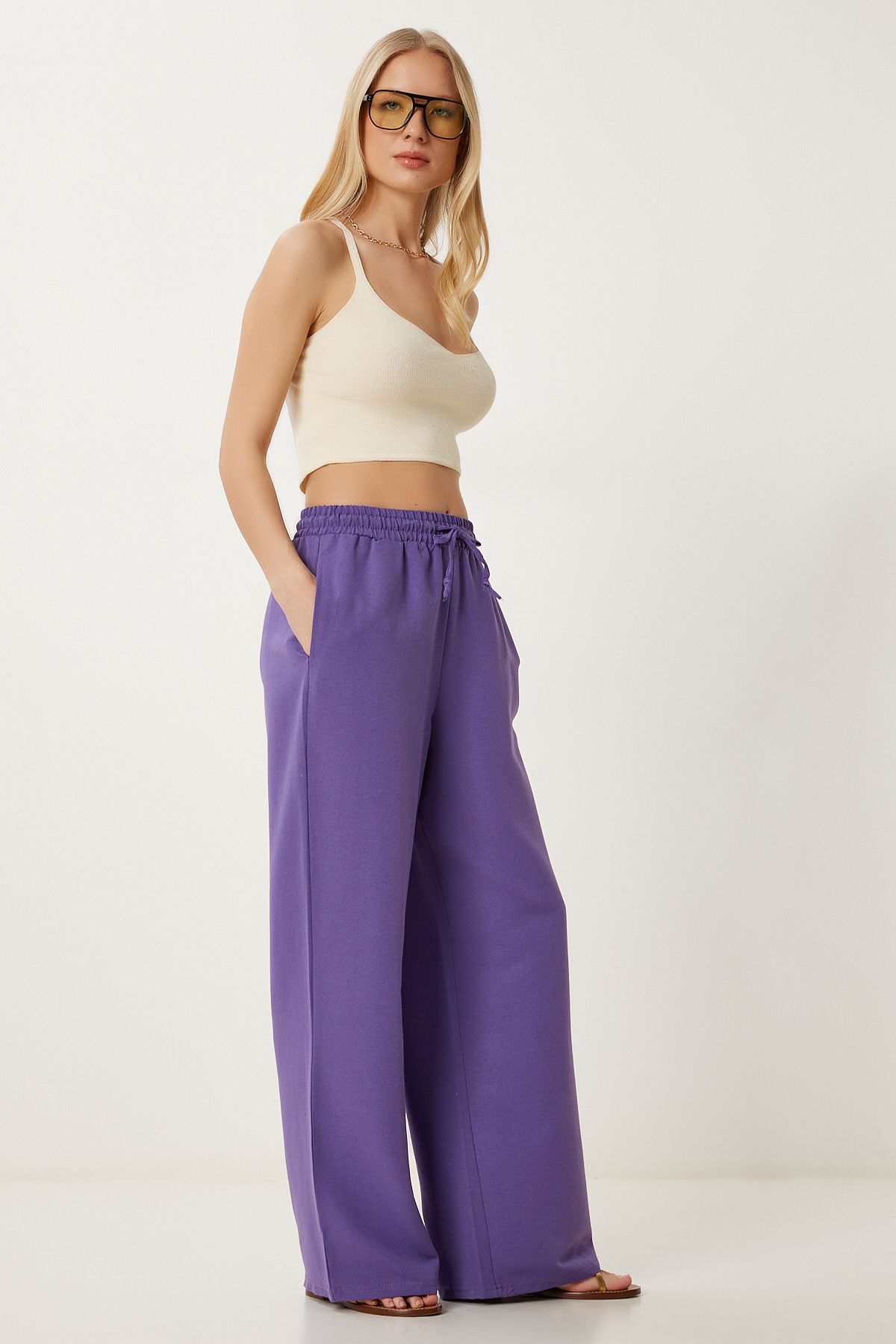 Mor Geniş Paça Keten Pantolon DP00261