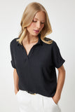 Siyah Polo Yaka Örme Krinkıl Bluz DD01299