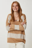 Camel Taş Çizgili Oversize Triko Kazak Kİ00164