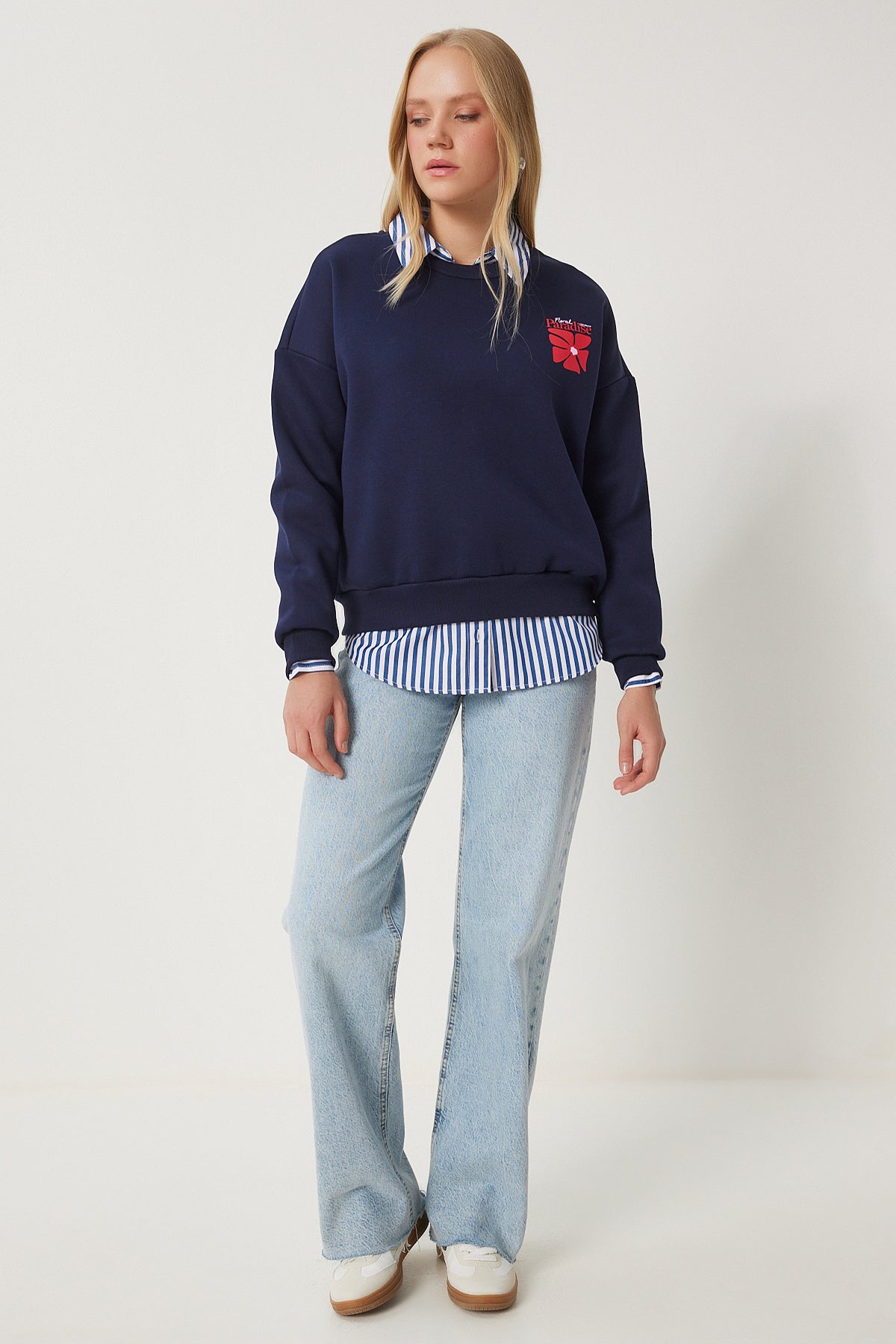 Lacivert Baskılı Şardonlu Örme Sweatshirt BF00099