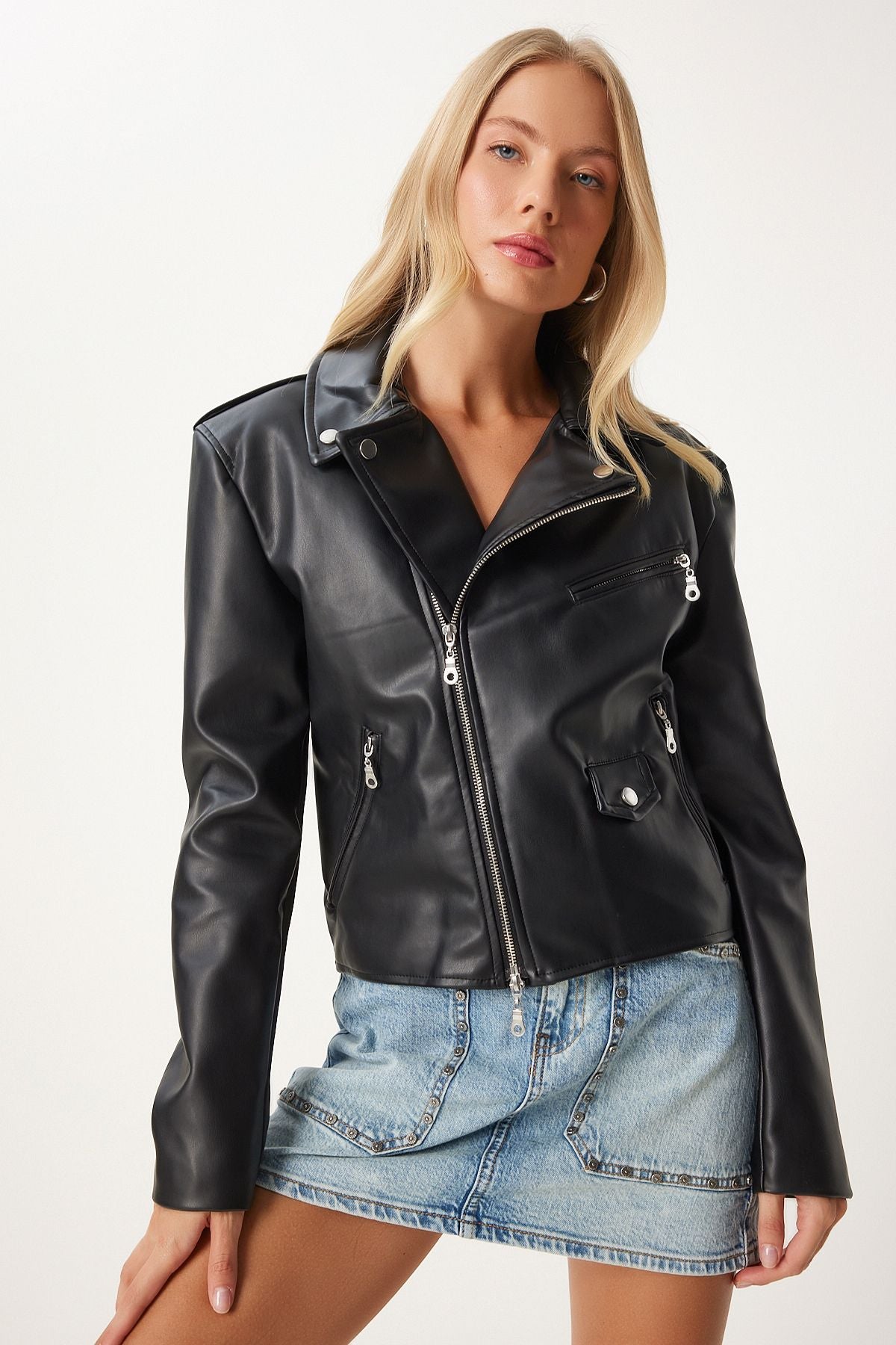 Siyah Suni Deri Crop Biker Ceket  FN03305