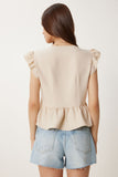 Krem Dantel Detaylı Volanlı Crop Keten Bluz TP00093