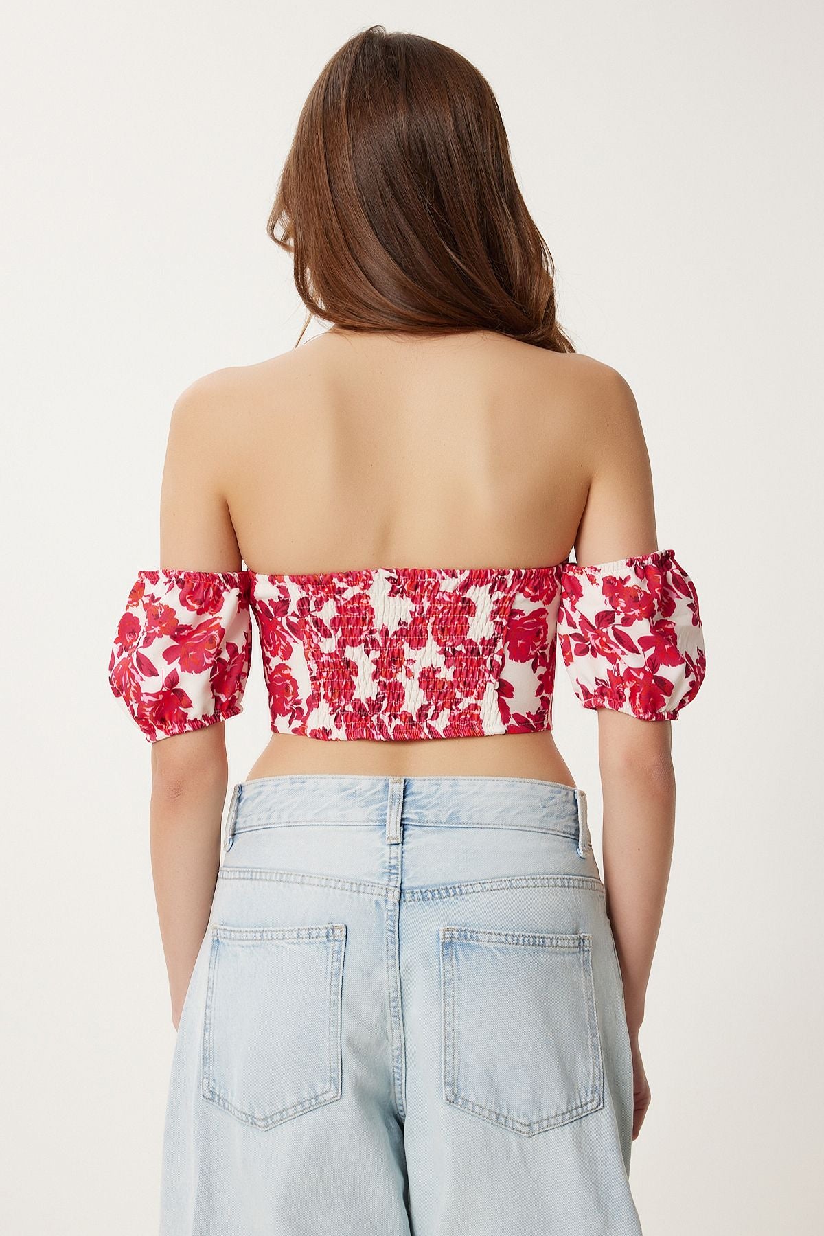 Koyu Pembe Krem Desenli Crop Viskon Bluz CR00510