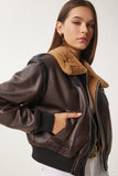 Kahverengi Suni Deri Bomber Ceket FN03408