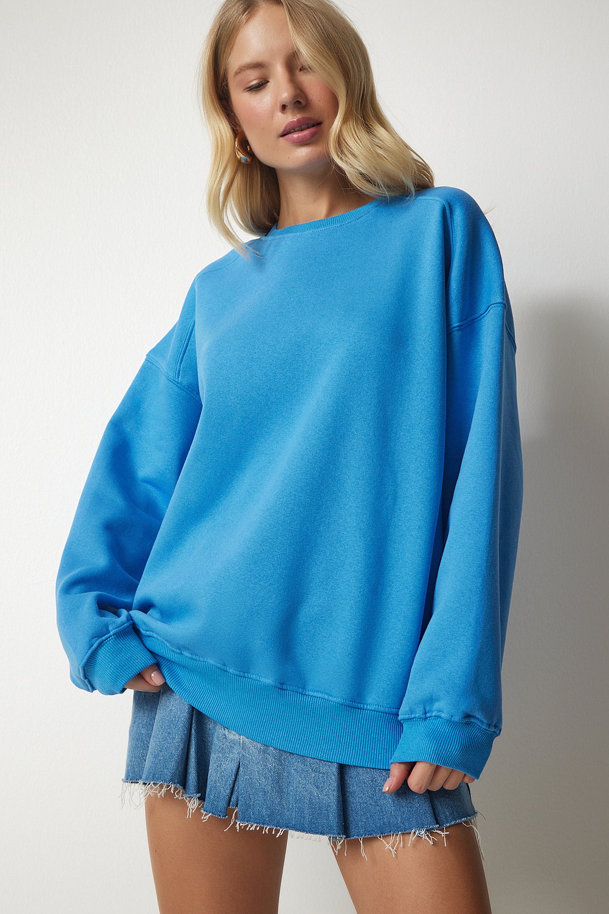 Gök Mavi Şardonlu Oversize Sweatshirt MC00232
