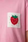 Pembe Çilekli Nakış Cepli Pamuklu T-Shirt CR00449