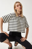 Beyaz Siyah Çizgili Oversize Crop Örme T-Shirt BP00162