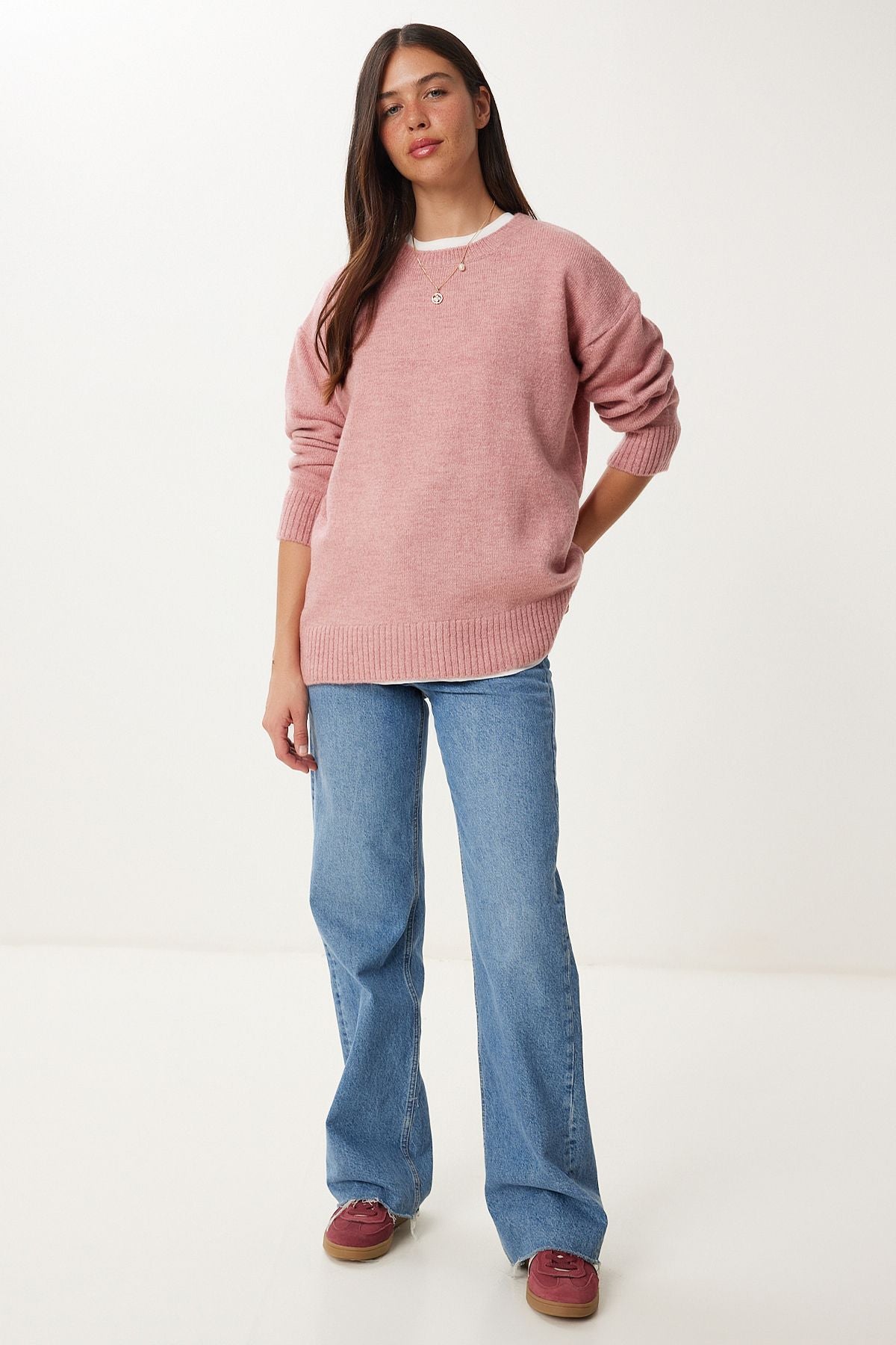 Orta Pembe Oversize Triko Kazak PN00054