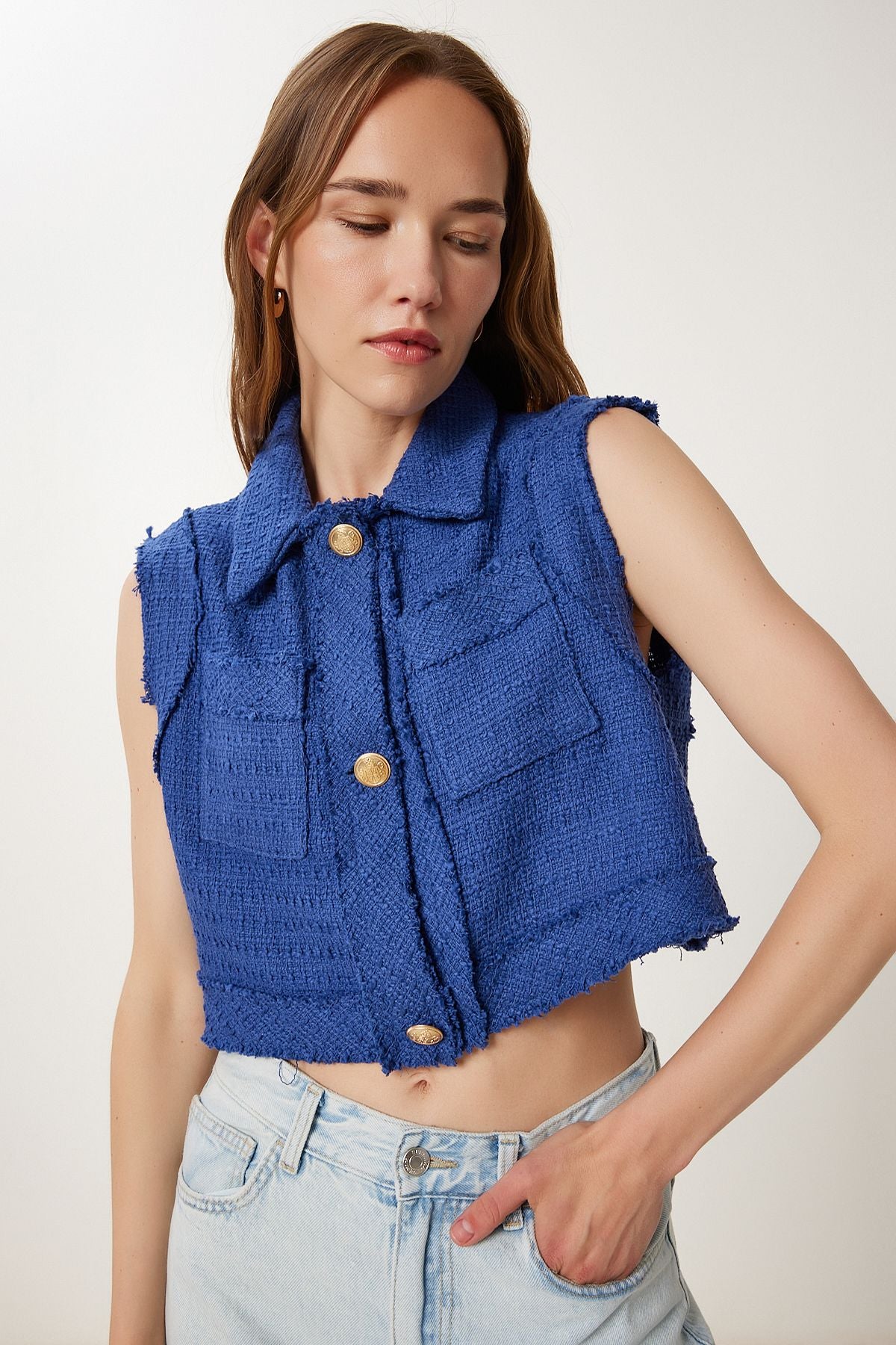 Kobalt Mavi Şık Düğmeli Crop Tüvit Yelek WF00144