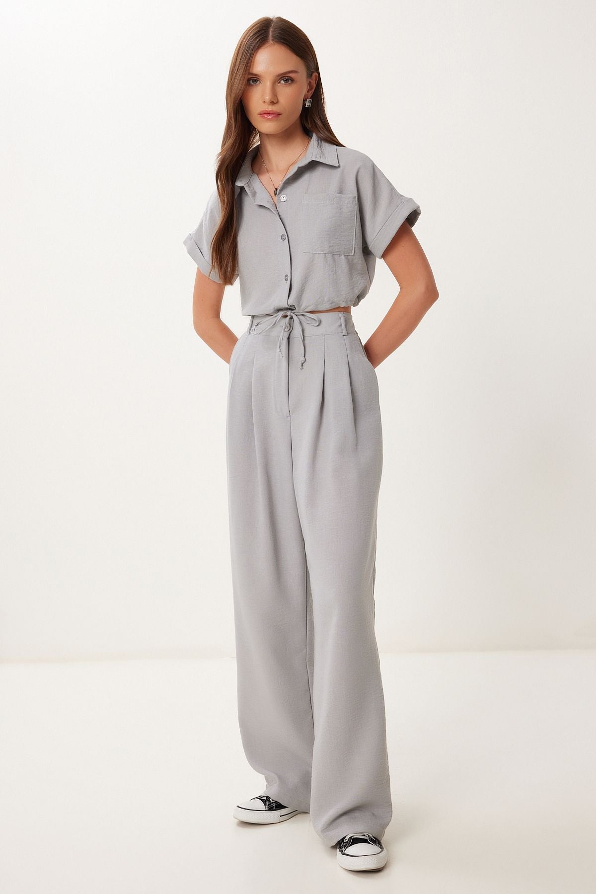 Gri Keten Crop Gömlek Pantolon Takım BV00149