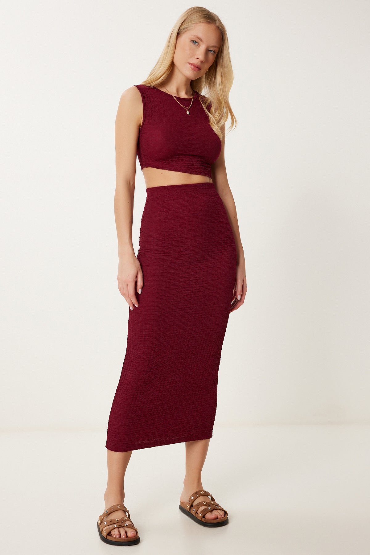 Bordo Dokulu Yazlık Bluz Etek Takım FW00010