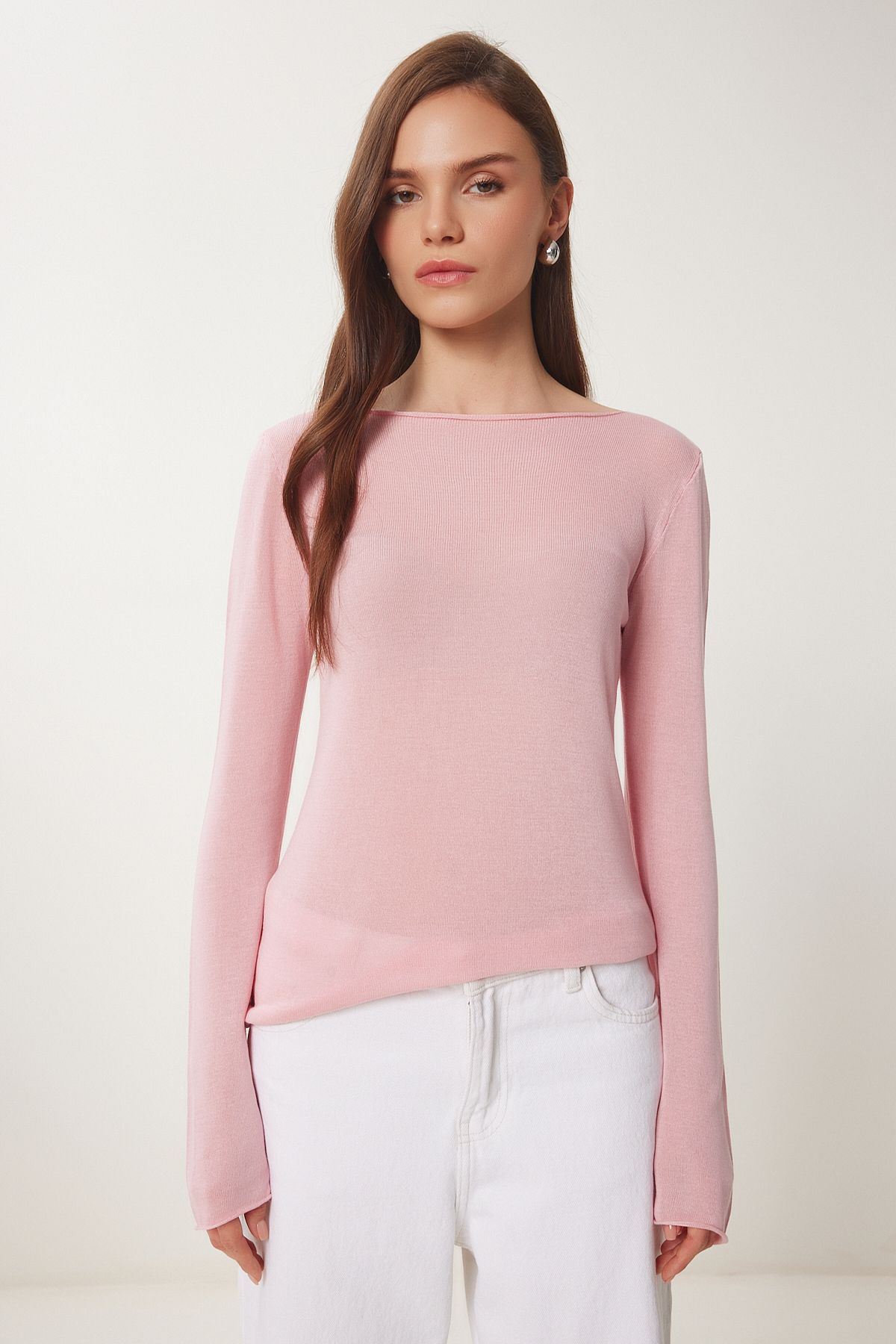 Pembe Kayık Yaka Mevsimlik Triko Bluz YY00231