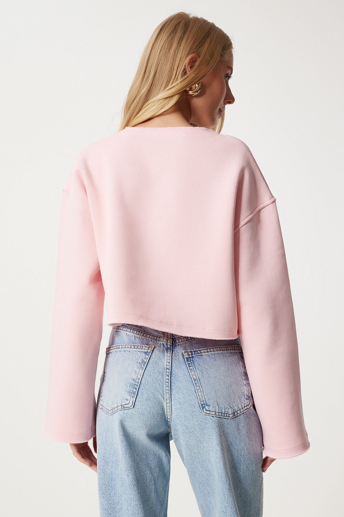 Pembe Şardonlu Oversize Örme Sweatshirt NJ00154
