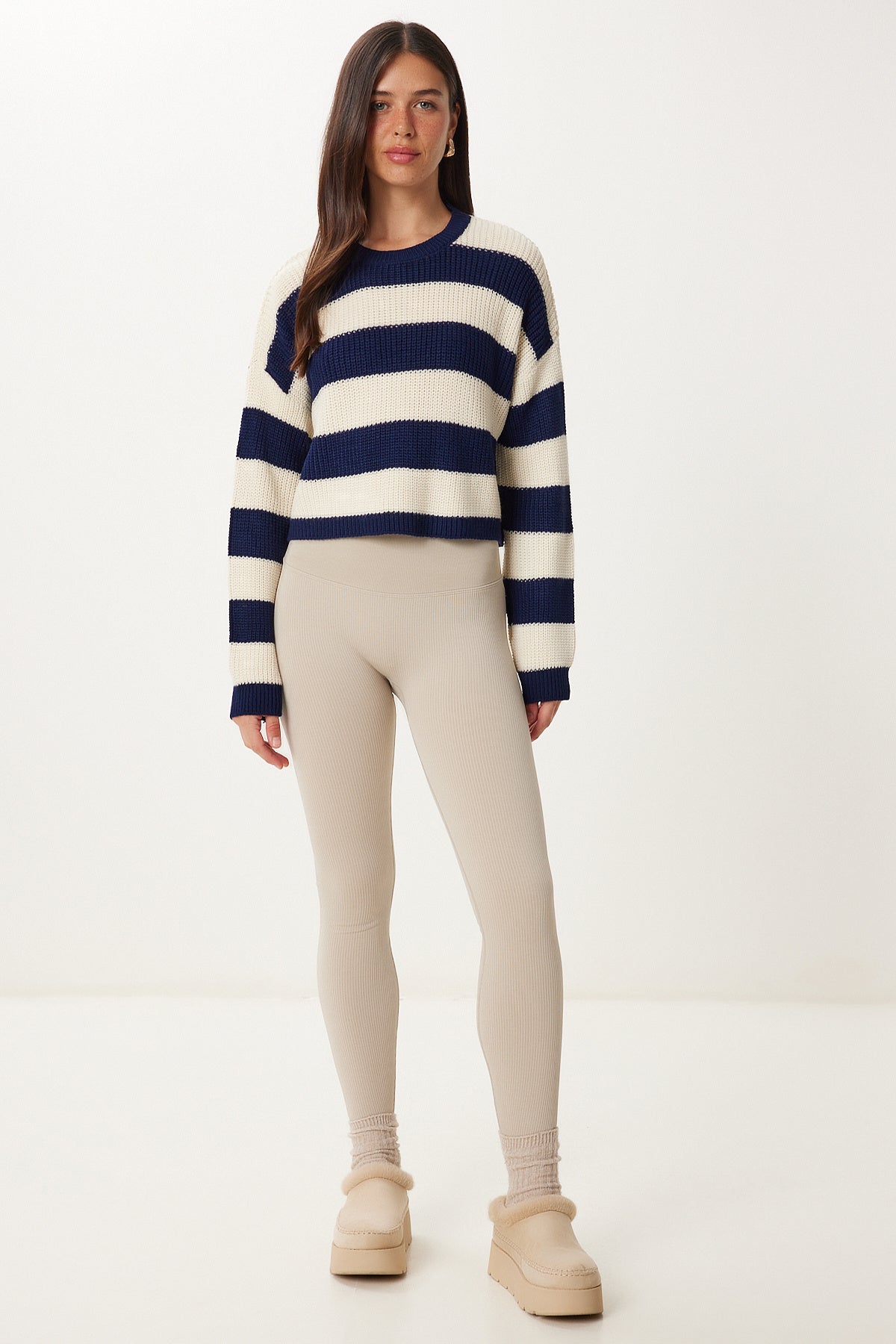 Lacivert Krem Çizgili Crop Triko Kazak PF00058