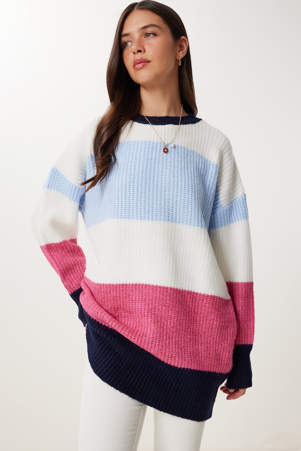Mavi Ekru Çizgili Oversize Triko Kazak MX00241