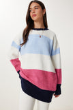 Mavi Ekru Çizgili Oversize Triko Kazak MX00241