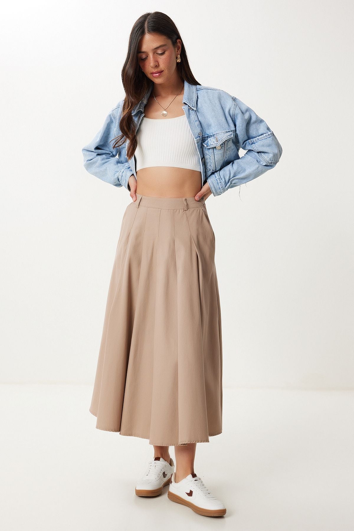 Bej Cepli Gabardin Kloş Etek GP00026
