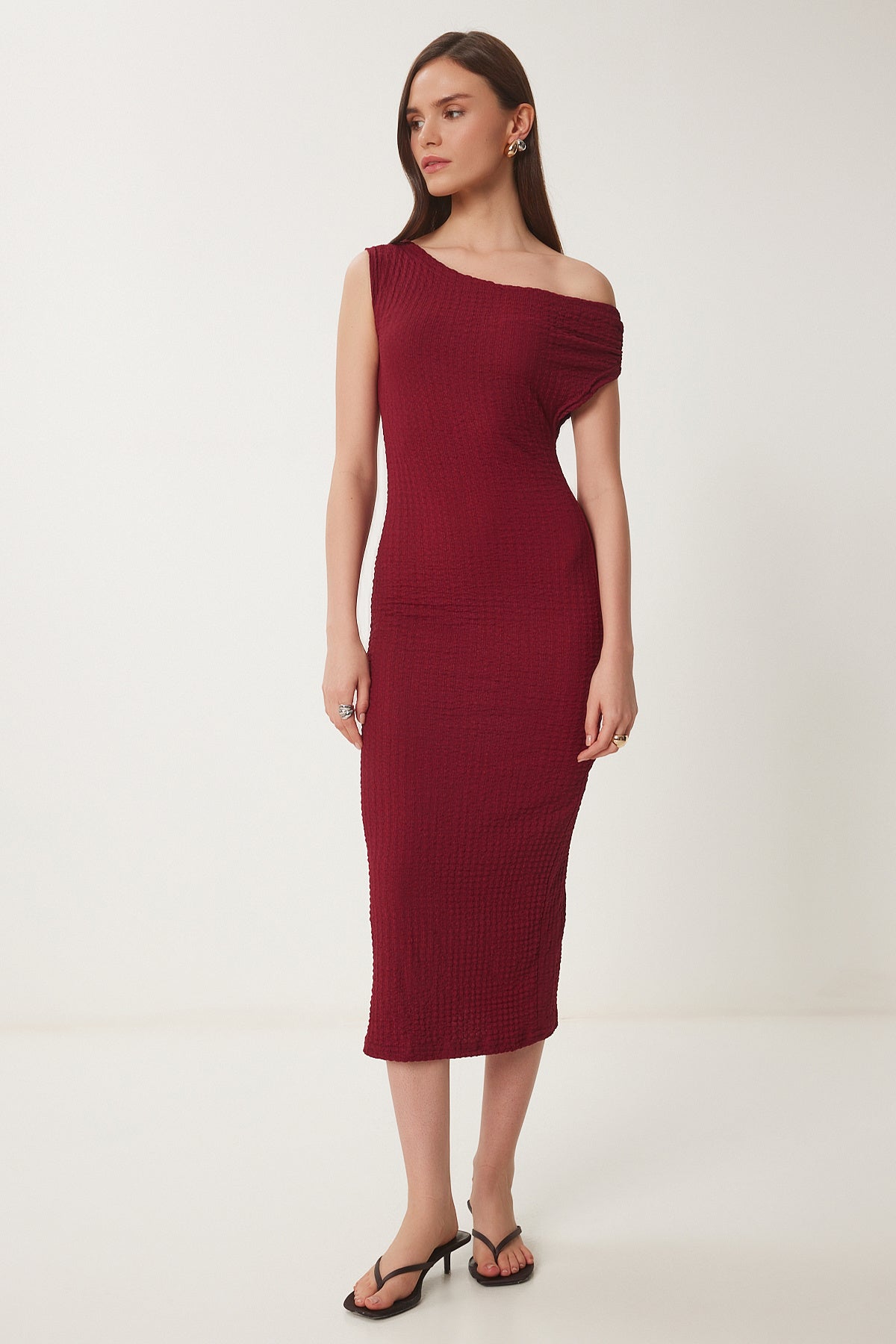 Bordo Dokulu Yazlık Midi Örme Elbise ZV00273