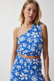 Mavi Beyaz Desenli Örme Crop Bluz Palazzo Takım MC00260