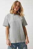 Taş Grisi Bol Basic Pamuklu T-Shirt BP00151