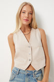 Bej V Yaka Crop Denim Yelek YL00002
