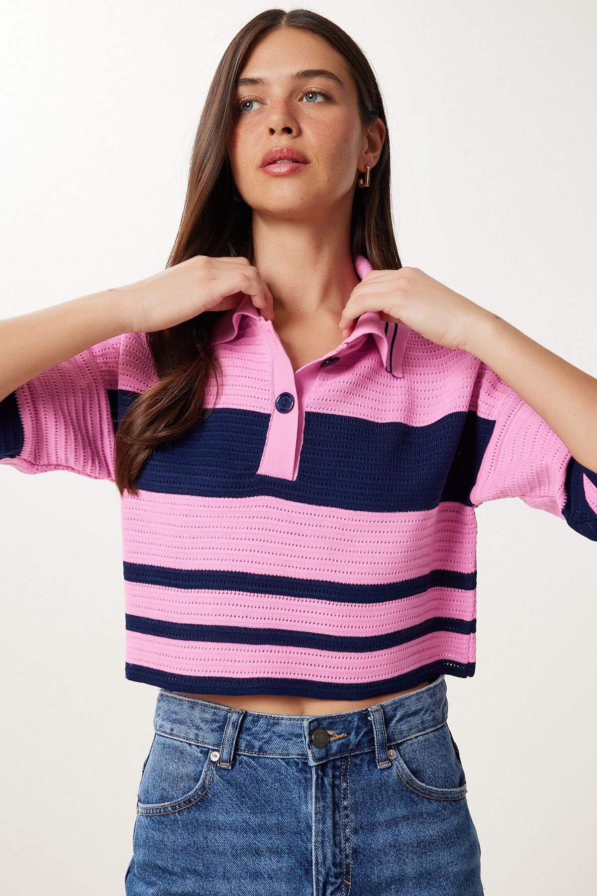 Pembe Lacivert Çizgili Crop Triko Kazak MX00242