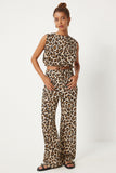 Krem Kahverengi Leopar Desenli Kolsuz Bluz Pantolon Dokuma Takım WF00082